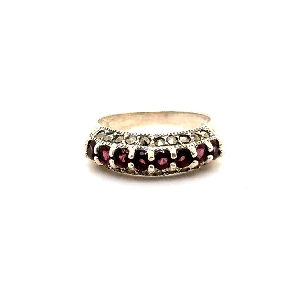 Sterling Silver Marcasite and Purple Garnet Band Ring Size 7 925 Vintage Style